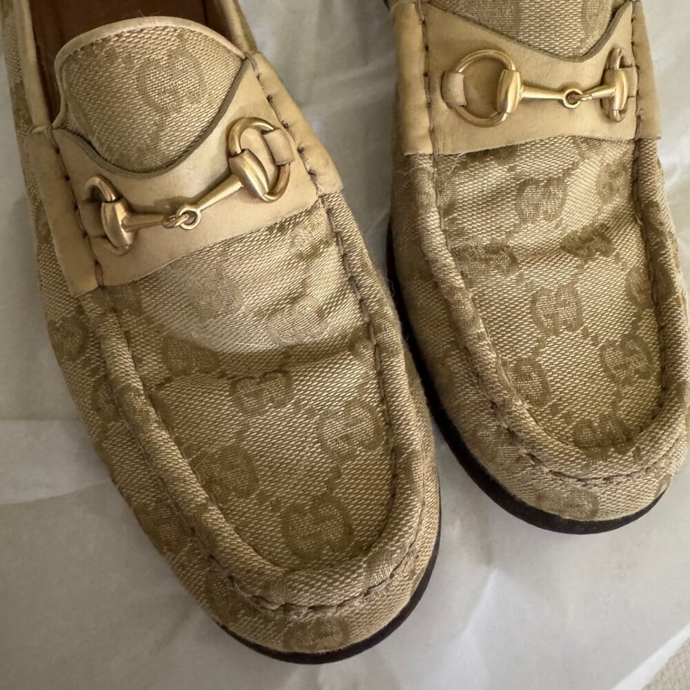 VINTAGE GUCCI GG Canvas web Taupe Horsebit Loafer